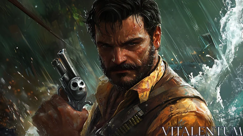 Storm-soaked gunslinger holds steady under the driving rain