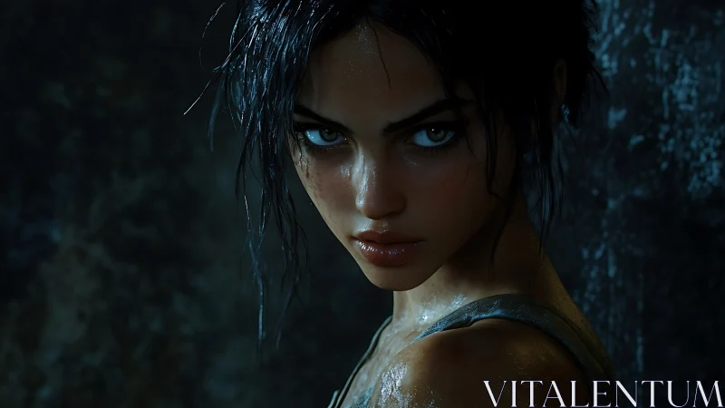 Digital portrait renders wet-haired woman against dark backdrop