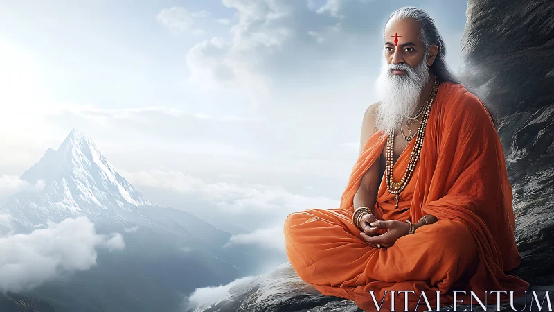 Elderly man in orange robes seated near snowy mountain peak.