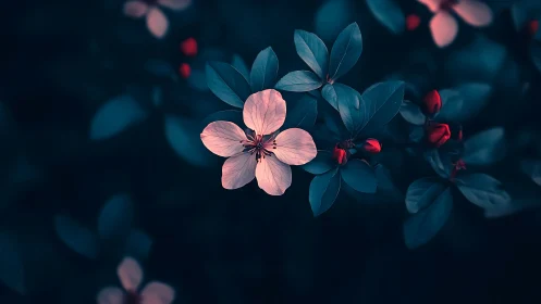 Pink Five-Petal Flower with Teal Foliage in Nocturnal Bokeh Setting