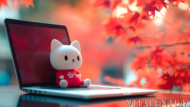 Cute cat figure on laptop amid vivid autumn leaves.