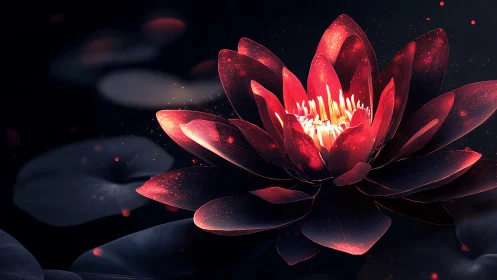 Luminous red lotus bloom over dark ethereal water surface.