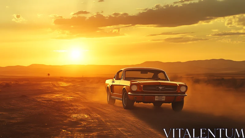 Photorealistic sunset muscle car on dusty desert highway.
