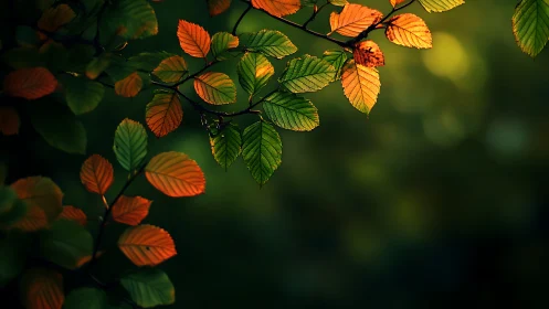 Autumn Leaves on Branch in Soft Natural Light, Moody Forest Style.