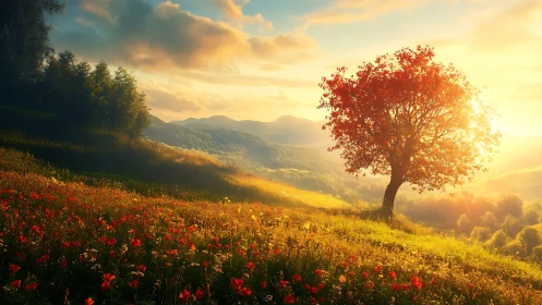 Solitary tree glows over sunlit wildflower hillside at dusk