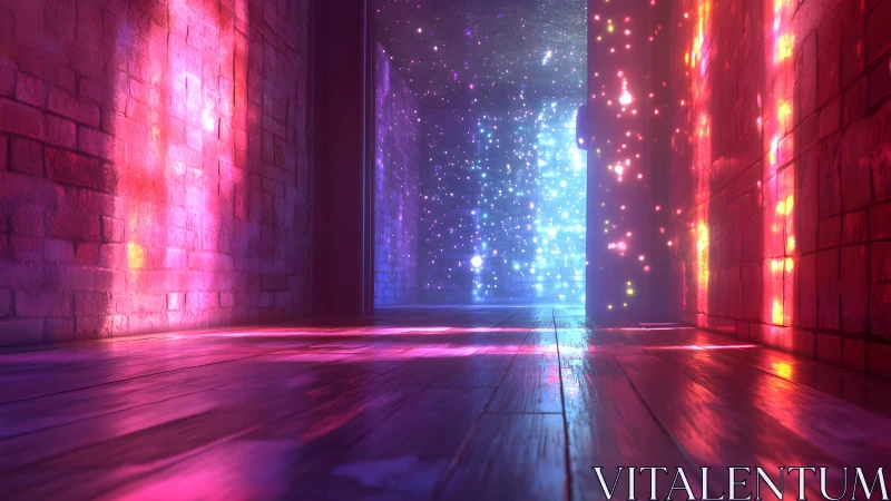 Vibrant hallway with glowing lights and dreamy, futuristic effects.