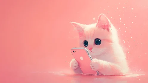 Fluffy White Kitten Holding Pink iPhone in Coral Studio Setting