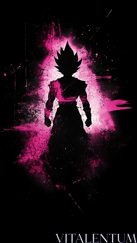 Silhouetted warrior in neon magenta energy burst on black field