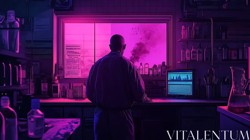 Solitary lab researcher facing neon pink experiment window.