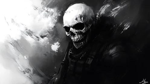 Skull-masked warrior emerges from swirling monochrome storm.