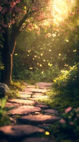 Stone garden path glows under golden magical sunset light