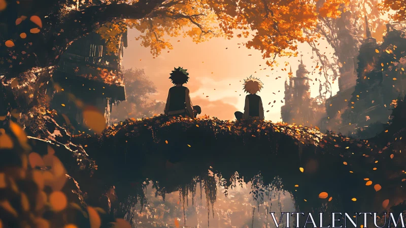 Backlit autumn bridge scene with two silhouetted youths conversing