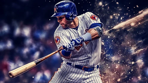 Baseball hitter in striped uniform swings under bright lights.