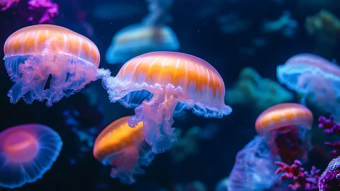 Luminous jellyfish drift through a neon blue underwater realm.