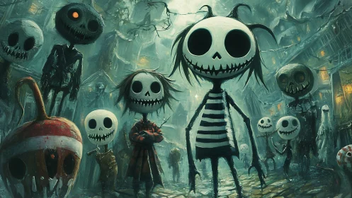 Grinning skeleton children roaming a misty haunted street.