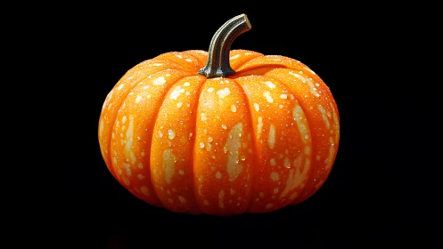 Single orange pumpkin with water droplets on black background.