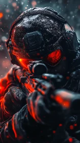 Tactical sniper operative in red-ice illumination, frontal aim.