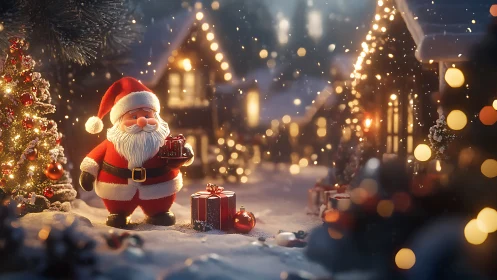 Cozy Santa Claus delivering gifts in a glowing winter village.