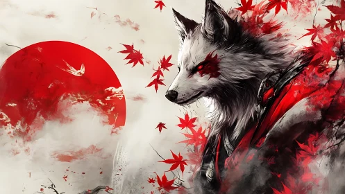 Anthropomorphic fox with red sun and maple leaves background.