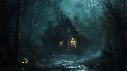 Isolated woodland cabin with illuminated doorway at night.