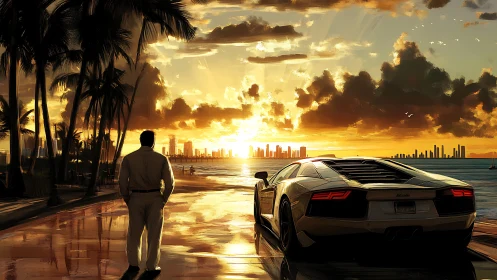 Sunset coastal drive with sports car and distant skyline.