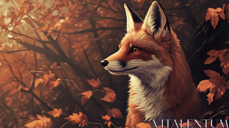 Autumn woodland red fox portrait in warm diffused backlight