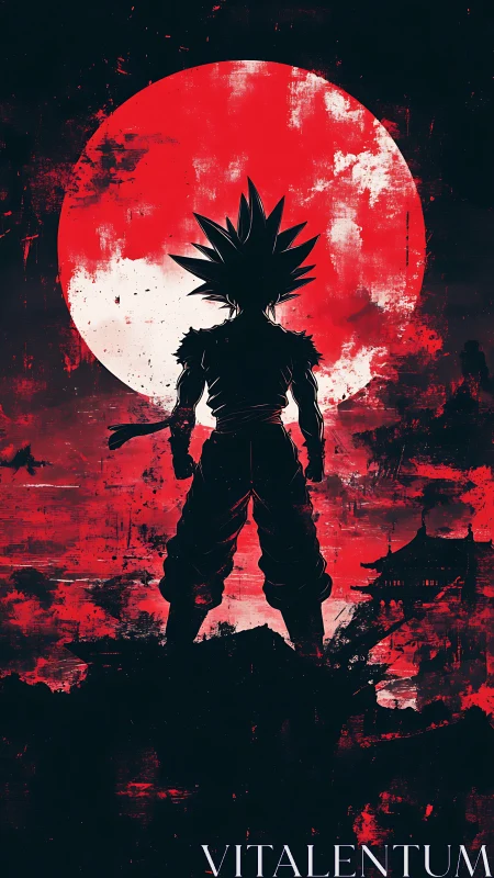 Crimson moon warrior silhouette defies a storm of shadowed fire.