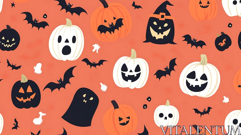 Playful Halloween pumpkins and bats dance on warm orange