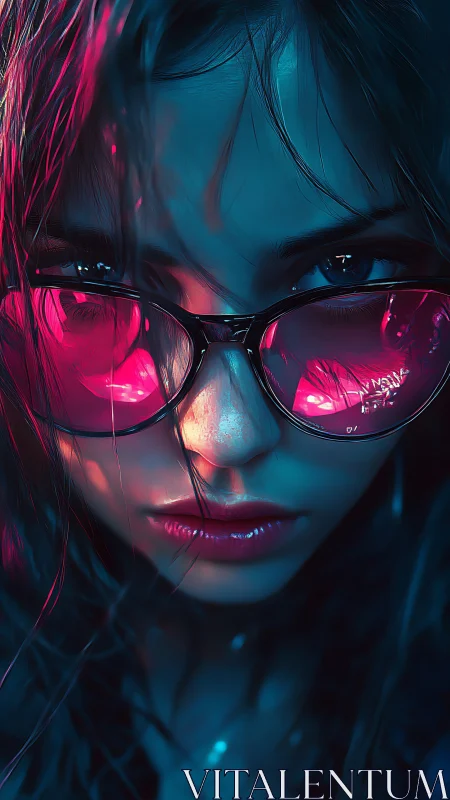 Neon-lit gaze in pink glasses and electric blue glow.