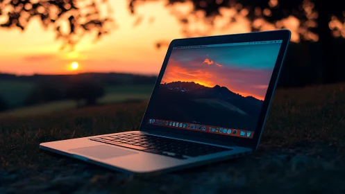 Sunset laptop daydreams mirror glowing digital horizons.