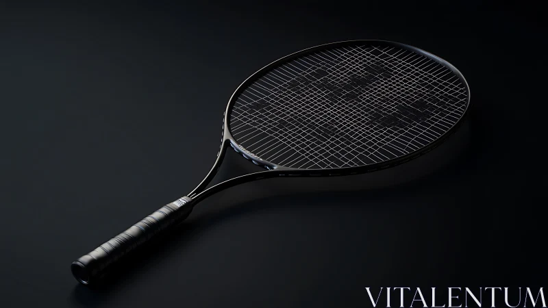 Sleek black tennis racket rests on dark reflective surface.