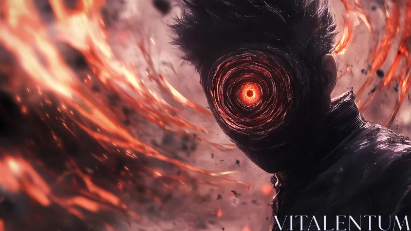 Vortex-eyed figure emerging within swirling molten firestorm.