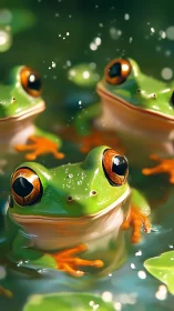Vibrant tree frogs gaze playfully from a sunlit pond