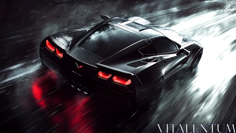 Black sports coupe on wet road with red tail lights at night.