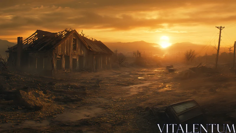Ruined rural house in deserted sunset landscape scene.