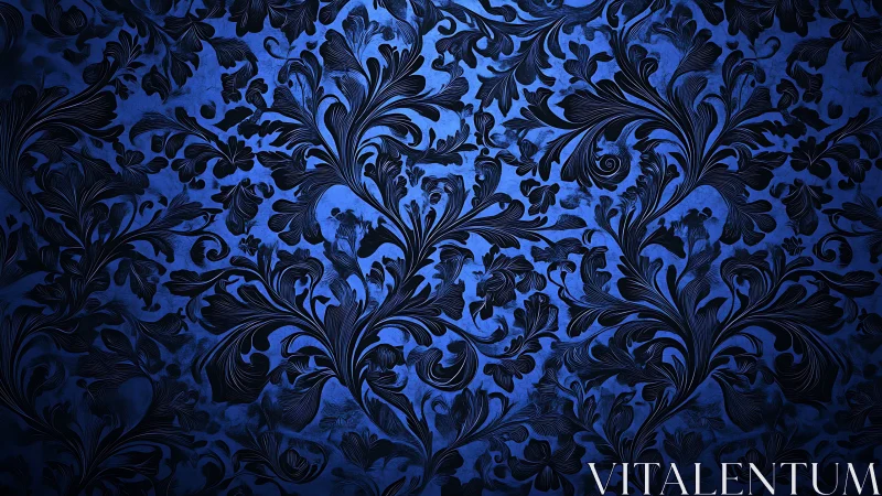 Ornate dark floral damask pattern over luminous blue background