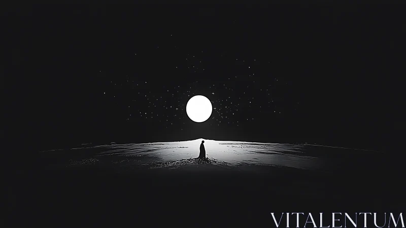 Solitary figure under luminous moon on stark horizon.