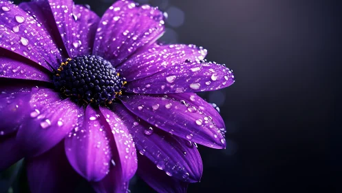 Purple Daisy Bloom Covered in Water Droplets and Morning Dew.