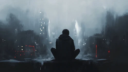 Solitary figure viewing mist-covered urban skyline at night.
