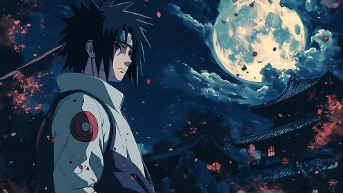 Moody anime warrior beneath an immense blue moonlit sky.