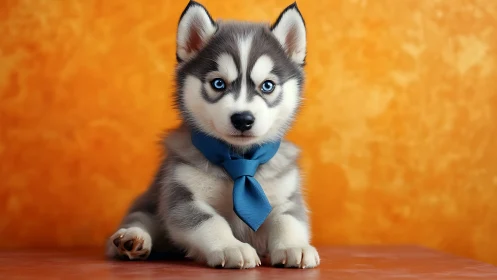 Siberian Husky puppy sits against textured orange backdrop