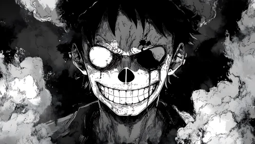 Smoke-wreathed skull grin carves light into the blackout storm