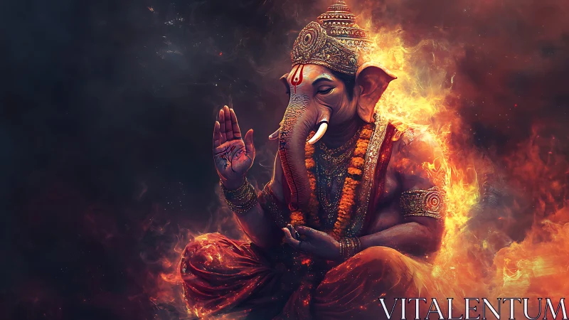 Fiery Ganesha meditates in swirling cosmic flames of power.