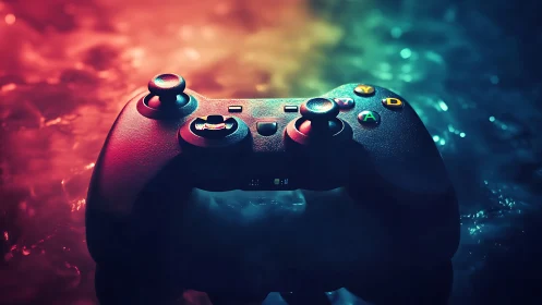 Gaming Controller Bathed in Neon Red and Cyan Digital Ambiance