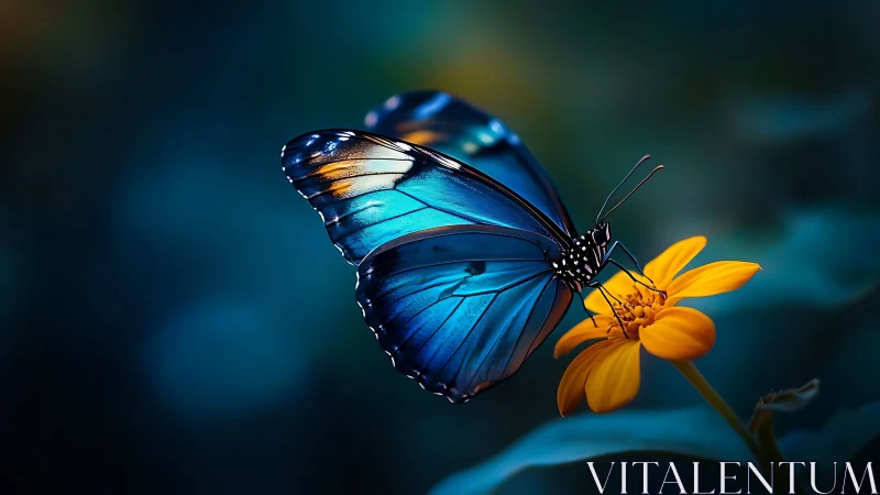 Blue butterfly on yellow flower in soft focus environment.