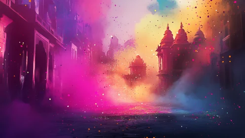 Urban street with temple silhouettes and dense color clouds.