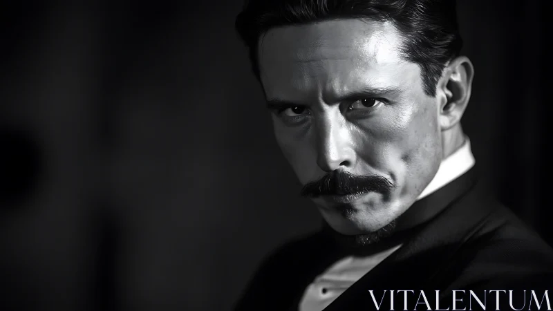 Intense black and white portrait of stern mustached man.