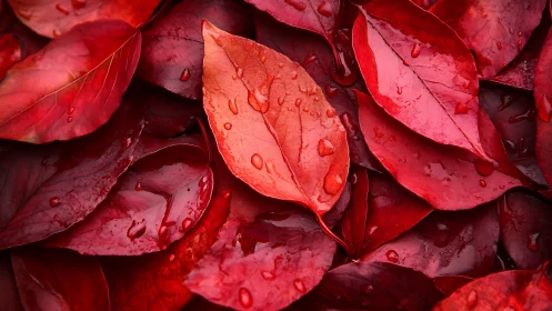 Rain-kissed red leaves glow softly in a rich autumn blanket