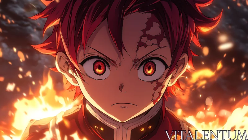 Determined red haired anime warrior framed by rising flames.