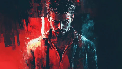 Rogue in crimson shadow caught between firelight and frost.